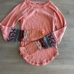 Free People Peach Long Sleeve Top with Crochet & Patterned Cuffs